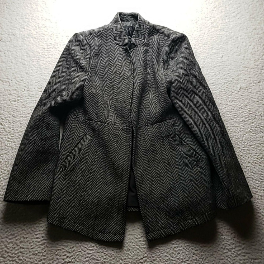 Mina Self Jacket Womens XL Gray Herringbone Tweed Open Front Lined Pockets